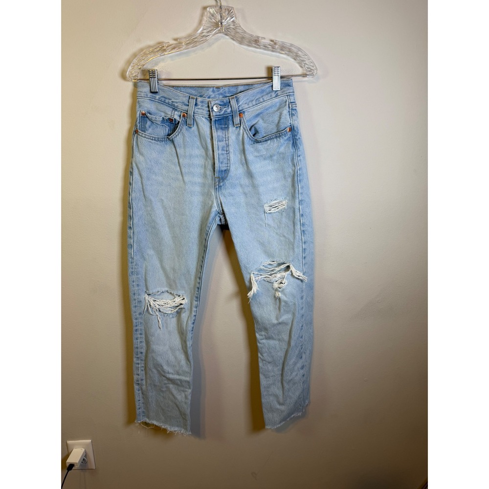Levi's Women Jeans Distressed 501 Straight Leg Light Wash Blue 27x26